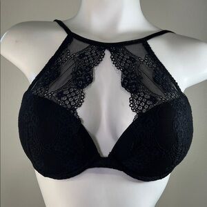 Adore Me Black Lace Halter Underwire Bra with Polka Dot Sides 34C